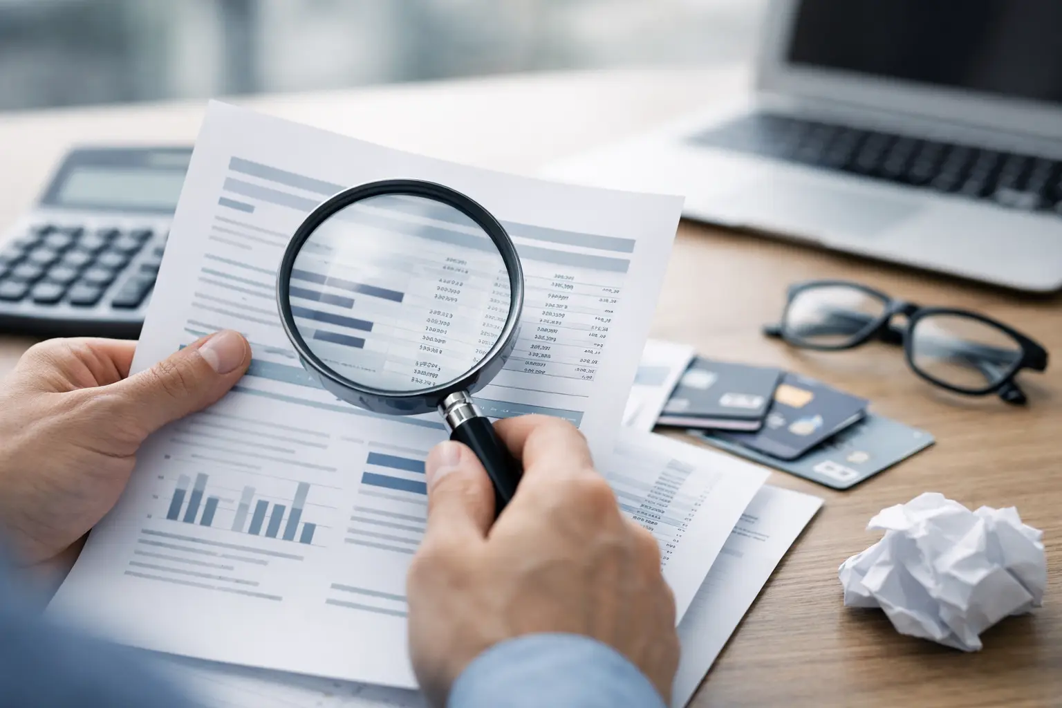 Person reviewing a printed credit report at a desk